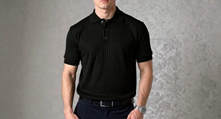 Erkek Kısa Kollu Yakalı Yakadan Düğmeli Triko Bluz