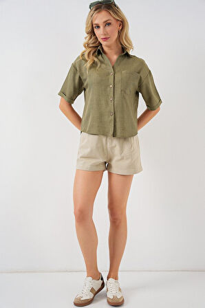 Keten Görünümlü Crop Gömlek 20339 - Çağla