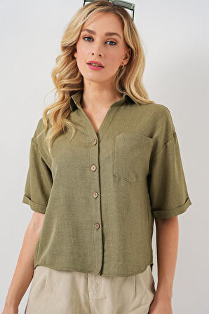 Keten Görünümlü Crop Gömlek 20339 - Çağla