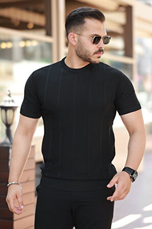 Erkek Desenli çizgi Kabartmalı Kısa Kollu Tişört