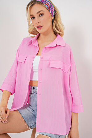 Cep Detaylı Kısa Kol Gömlek 20317 - Pembe