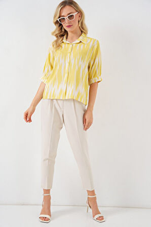 Desenli Kısa Kol Crop Gömlek 20337 - Sarı