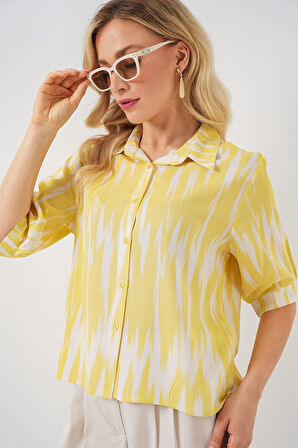 Desenli Kısa Kol Crop Gömlek 20337 - Sarı