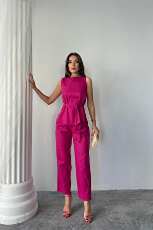KETEN BLUZ - PANTOLON TAKIM MASSİMO MODELSCREAT KUMAŞ - Fuşya