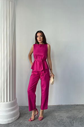 KETEN BLUZ - PANTOLON TAKIM MASSİMO MODELSCREAT KUMAŞ - Fuşya