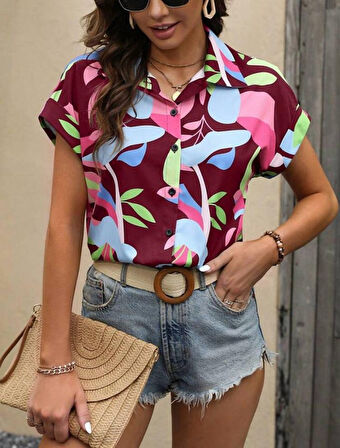 Kadın Moss Krep Kumaş Kısa Kol Çiçek Desenli Gömlek