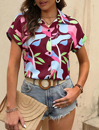 Kadın Moss Krep Kumaş Kısa Kol Çiçek Desenli Gömlek