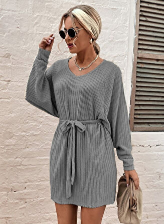 Kadın Uzun Kollu Fitilli şardonlu Detay Buklet Kuşaklı Yumoş Elbise