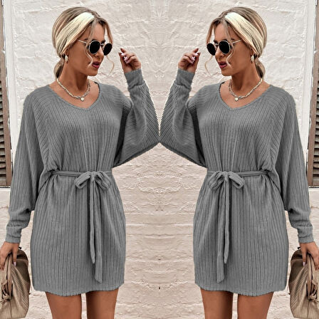 Kadın Uzun Kollu Fitilli şardonlu Detay Buklet Kuşaklı Yumoş Elbise