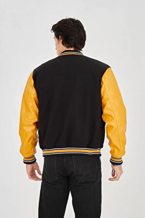 Erkek İçten Elyaf Ve Astarlı Kolları Suni Deri Ceket - Sarı