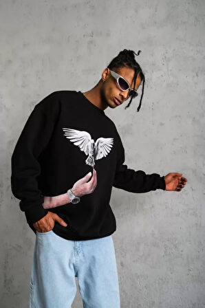 Erkek Güvercin Baskılı Sweatshirt - Siyah