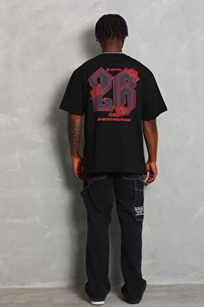 Unisex Oversize Baskılı Bisiklet Yaka T-Shirt - Siyah