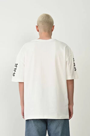 Unisex Baskılı Bisiklet Yaka Oversize T-Shirt - Beyaz