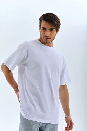 Unisex Oversize Düz Bisiklet Yaka T-Shirt - Beyaz
