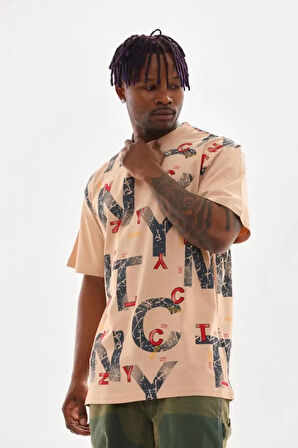 Unisex Baskılı Oversize T-Shirt - Bej