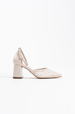 Borie Bej Tekstil Kumaş Taşlı Kadın Topuklu Ayakkabı