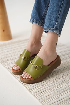 Nelly Haki Yeşili Hakiki Deri Terlik