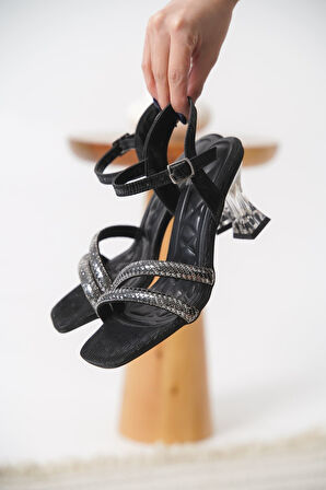 Kendy Siyah Taşlı Kadın Topuklu Sandalet