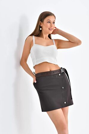 Kemerli ve Düğme Detaylı Kahverengi Kadın Mini Etek