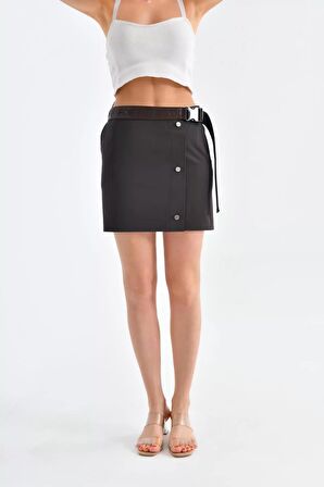 Kemerli ve Düğme Detaylı Kahverengi Kadın Mini Etek