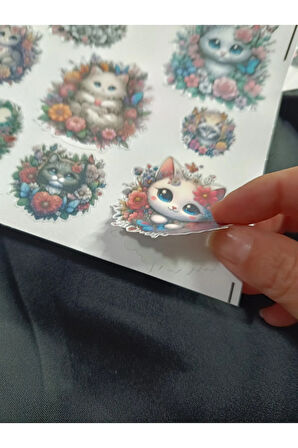Çiçekler İçerisinde Sevimli Kediler Vintage Etiket Seti, Bullet Journal, Planlayıcı Stickers