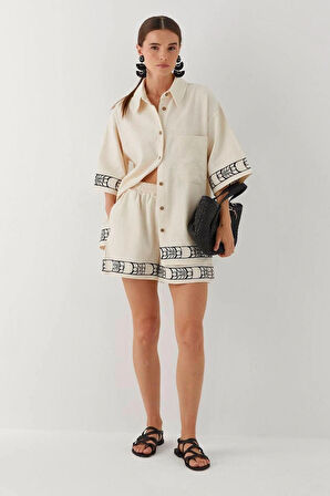 Kadın Krem Keten Etnik Desen Nakışlı Kısa Kollu Gömlek Şort Takım