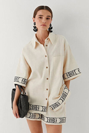 Kadın Krem Keten Etnik Desen Nakışlı Kısa Kollu Gömlek Şort Takım