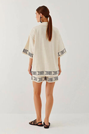 Kadın Krem Keten Etnik Desen Nakışlı Kısa Kollu Gömlek Şort Takım