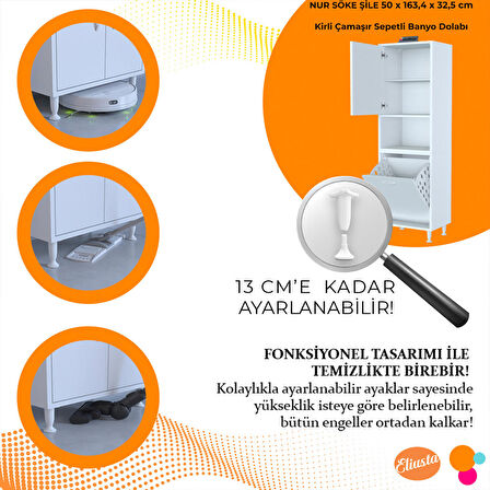 Modilayn 50 x 163,4 x 32,5 cm 2 Kapak 3 Bölmeli Kirli Çamaşır Dolabı Sepetli Banyo Dolabı