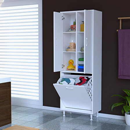 İNCİ 57x165 cm Üç Kapaklı Çok Amaçlı Kirli Çamaşır Dolabı Sepetli Banyo Dolabı