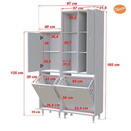 Modilayn Forbest İnci 97x165 cm 3 Kapaklı Kirli Çamaşır Dolabı Sepetli Banyo Dolabı