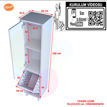 Modilayn Alaçatı 35x160 cm Çamaşır Sepetli Dolap Banyo Dolabı Kirli Çamaşır Dolabı Havlu Dolabı