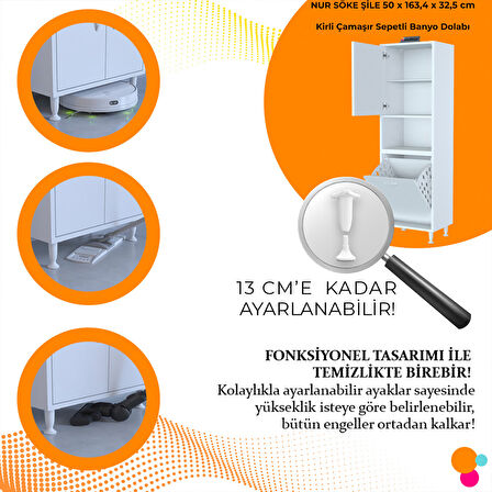 Modilayn 50 x 163,4 x 32,5 cm 2 Kapak 3 Bölmeli Kirli Çamaşır Dolabı Sepetli Banyo Dolabı