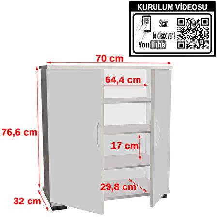 MODİLAYN 70 x 76 x 32 cm 2 Kapaklı 4 Bölmeli 3 Raflı Ayakkabı Dolabı Antre Ayakkabılık 