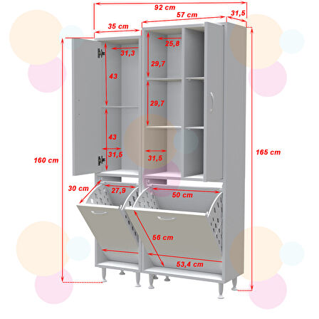 Modilayn ALAÇATI İNCİ 92x165x32 3 Kapaklı 2 Sepetli Banyo Dolabı Kirli Çamaşır Dolabı Mutfak Dolabı