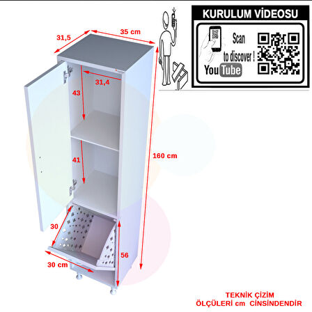 MODİLAYN Alaçatı 35 x 160 cm Çamaşır Sepetli Dolap Banyo Dolabı Temizlik Deterjan Dolabı 