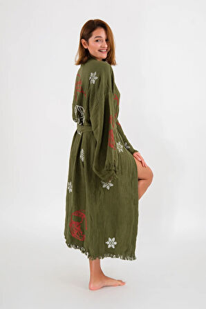 Christmas Müslin Kimono %100 Pamuklu Yılbaşı Baskılı Desenli Bornoz Kaftan Sabahlık