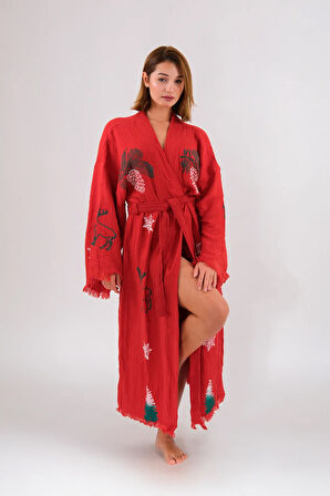 Christmas Müslin Kimono %100 Pamuklu Yılbaşı Baskılı Desenli Bornoz Kaftan Sabahlık