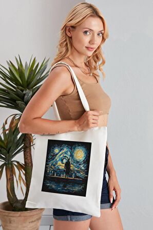 Starry Night Sherlock Model Baskılı Günlük Kullanım Özel Baskı Bez Omuz Çantası Hediyelik Tote Bag