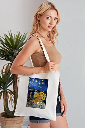 Stary Night & Sunflowers Van Gogh Model Baskı Günlük Kullanım Özel Baskı Bez Omuz Çantası Hediyelik