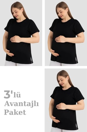 Premium Mevsism Anne Adayı Pamuklu Kısa Kollu Hamile Tişört Siyah 3'lü Paket