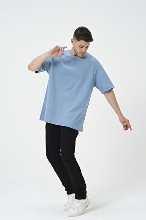 Erkek Oversize Bol Kalıp Bisiklet Yaka Mavi T-Shirt