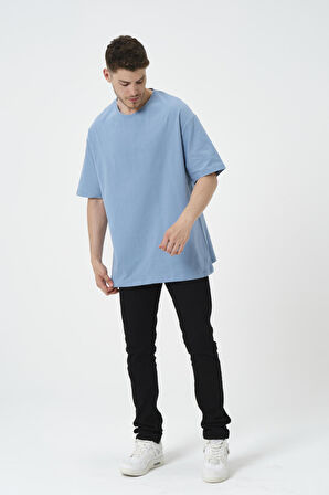 Erkek Oversize Bol Kalıp Bisiklet Yaka Mavi T-Shirt
