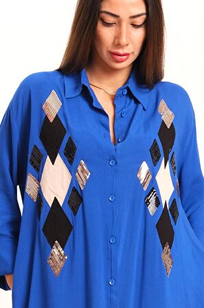 Markano Saks Mavi Önü Pul Payet Aplike Nakışlı Kolu Apoletli Uzun Gömlek Elbise