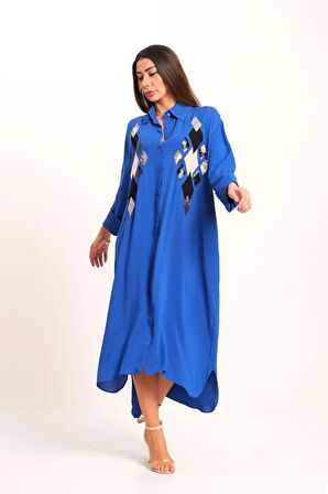 Markano Saks Mavi Önü Pul Payet Aplike Nakışlı Kolu Apoletli Uzun Gömlek Elbise