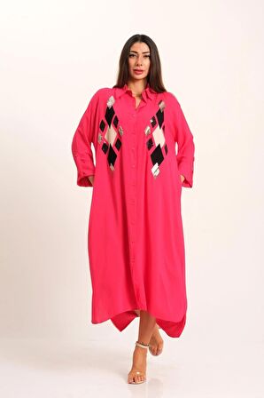 Markano Pembe Önü Pul Payet Aplike Nakışlı Kolu Apoletli Uzun Gömlek Elbise