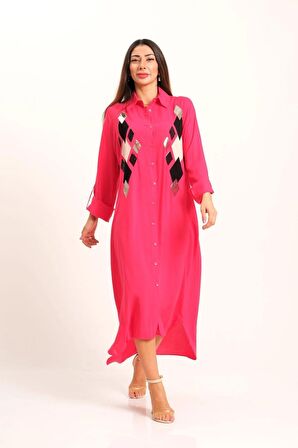 Markano Pembe Önü Pul Payet Aplike Nakışlı Kolu Apoletli Uzun Gömlek Elbise