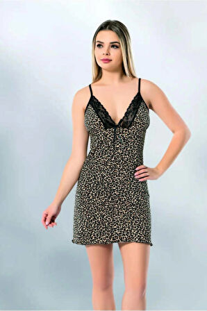 Leopar Desenli Güpür Detaylı Modelli Diz Üstü Gecelik