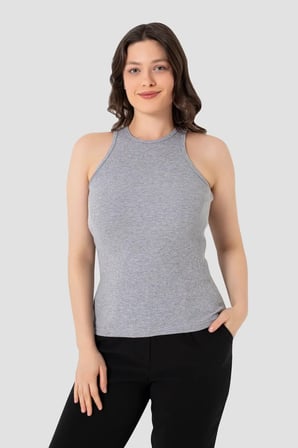 Kombin Parçası Yazlık Bluz Tekstil Ürün Kadın Pamuklu Fitilli Görünümlü Halter Yaka Basic Gri Atlet