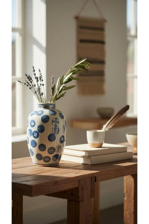 Dekoratif Mavi Beyaz Desenli Saksı & Vazo Modern Salon Konsol Sehpa Dekoru